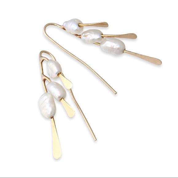 Estate 14K Gold & Genuine Pearl Branch Drop Earrings Organic Modernist Style - Picture 3 of 5